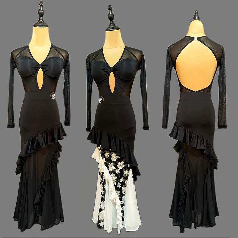 เซ็กซี่ห้องบอลรูมเต้นรําชุดแขนยาวสีดําชุดBacklessมาตรฐานWaltzชุดหญิงห้องบอลรูมDancewear VBH1789