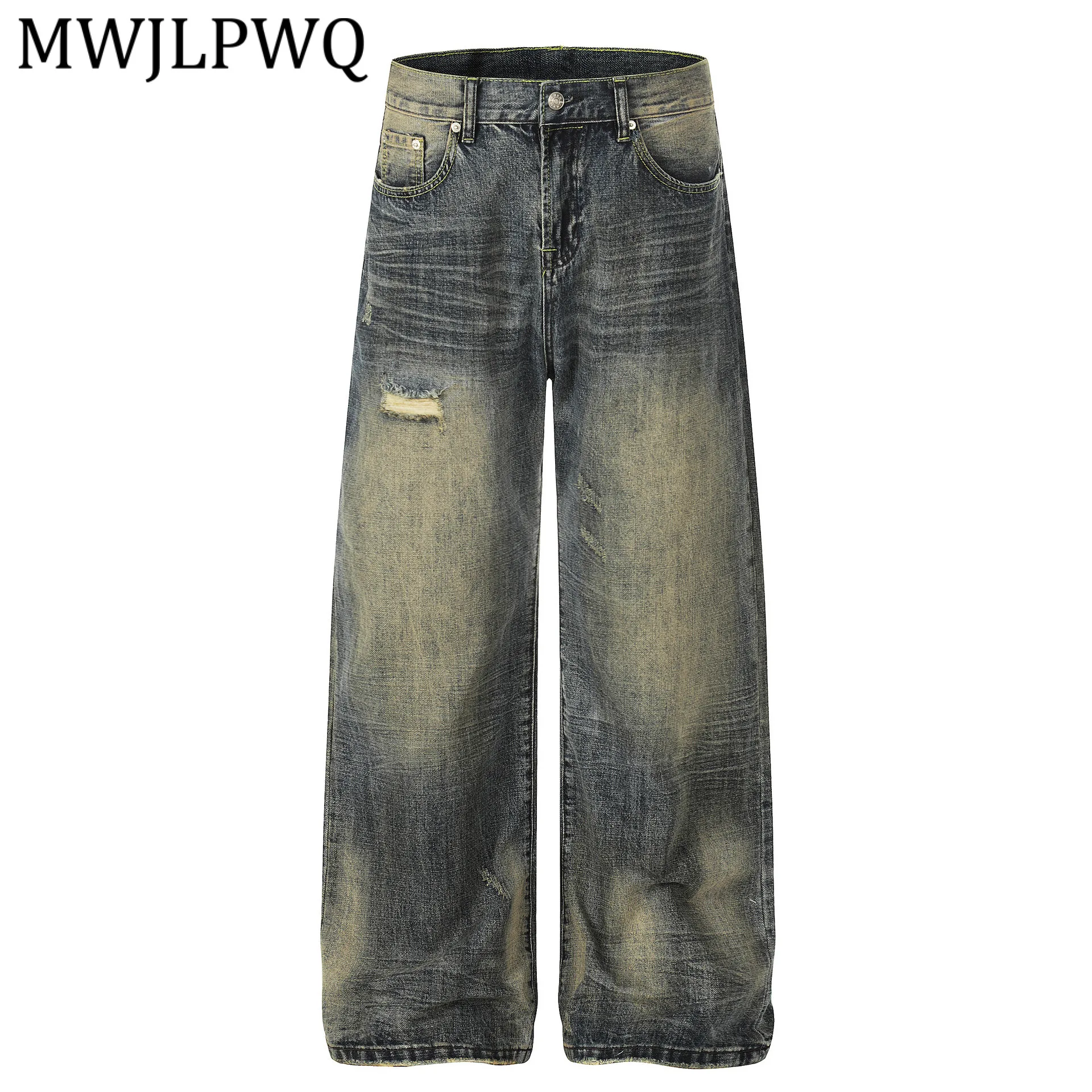 

MWJLPWQ Washed Distress Design Spring Jeans Male American Hole High Street Personality Casual Wide Leg Denim Pants For Men 13501