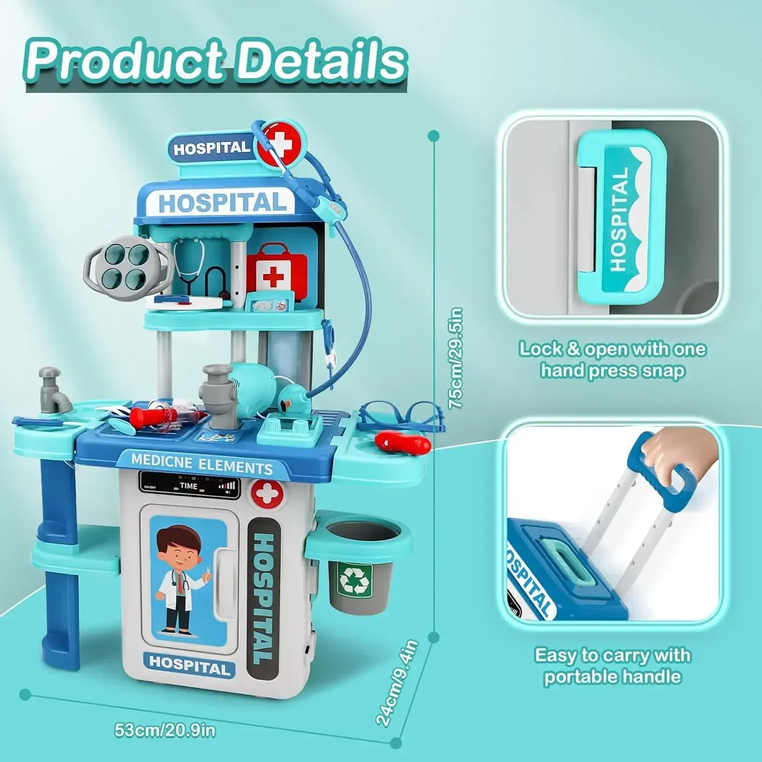 Kit de médecin 2 en 1 pour enfants, Station médicale de jeu de simulation avec stéthoscope, thermomètre, sons et lumières, jouets de médecin pour garçons et filles