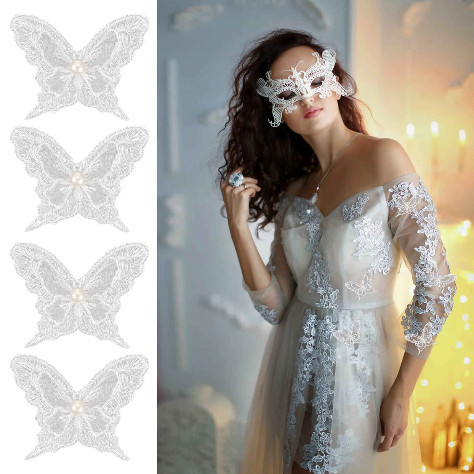 

10pcs Wedding Accessories Butterflies Embroidery Applique Patches Sew- for Dresses Bags Crafts Imitation Pearl DIY