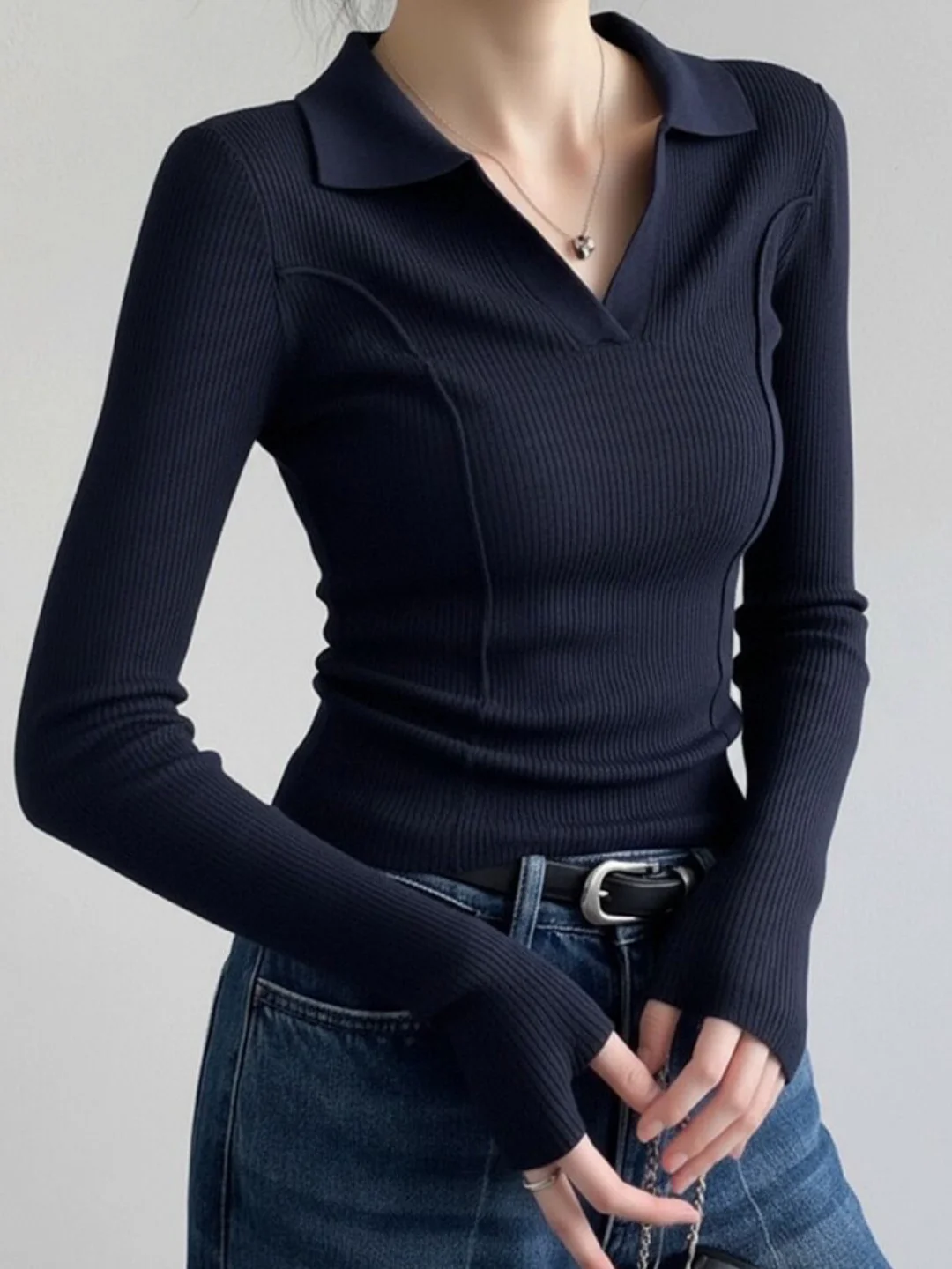 Navy  Shirt Knitted Long Sleeve Turn-down Collar Base Layer Women's Early Autumn Sweater Inner High-grade Sensation Tempe...