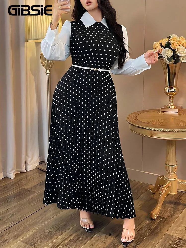 

Женское платье-рубашка GIBSIE больших размеров с длинным рукавом, в горошек, с контрастными вставками, весна 2026, новинка, повседневное офисное плиссированное макси-платье