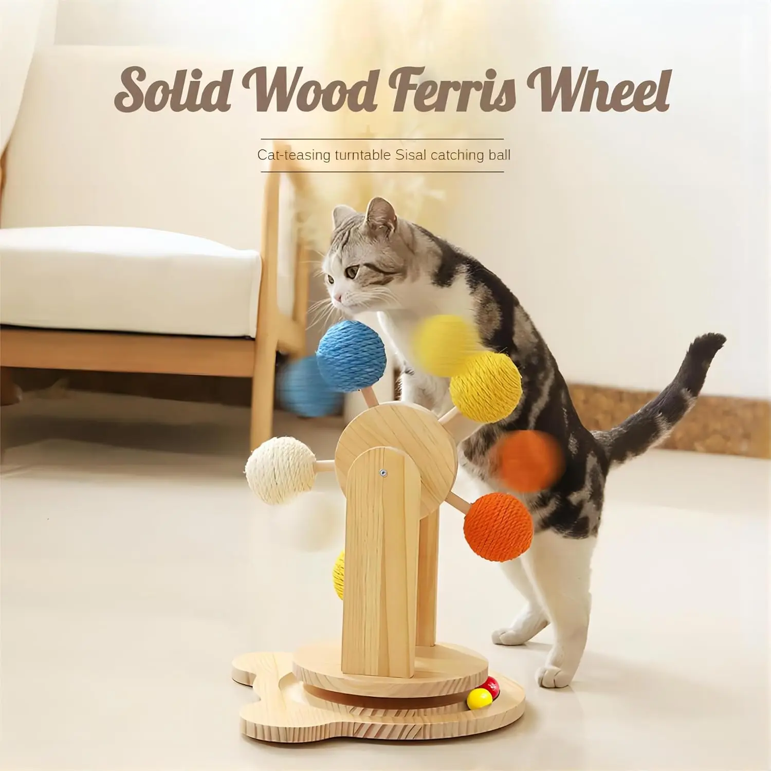 

Solid WoodTurntableToy,BallTrackInteractivecatToywith ColourfulSisalBalls,FerrisWheelCatToywithRotatingPlatform andDurableBalls.