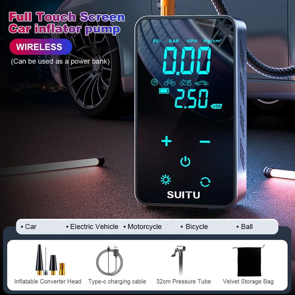 45W Mini Tire Inflator 150PSI 16L/Min Portable Air Compressor LCD Display Digital Pressure Gauge For Motorcycles Bicycle Ball