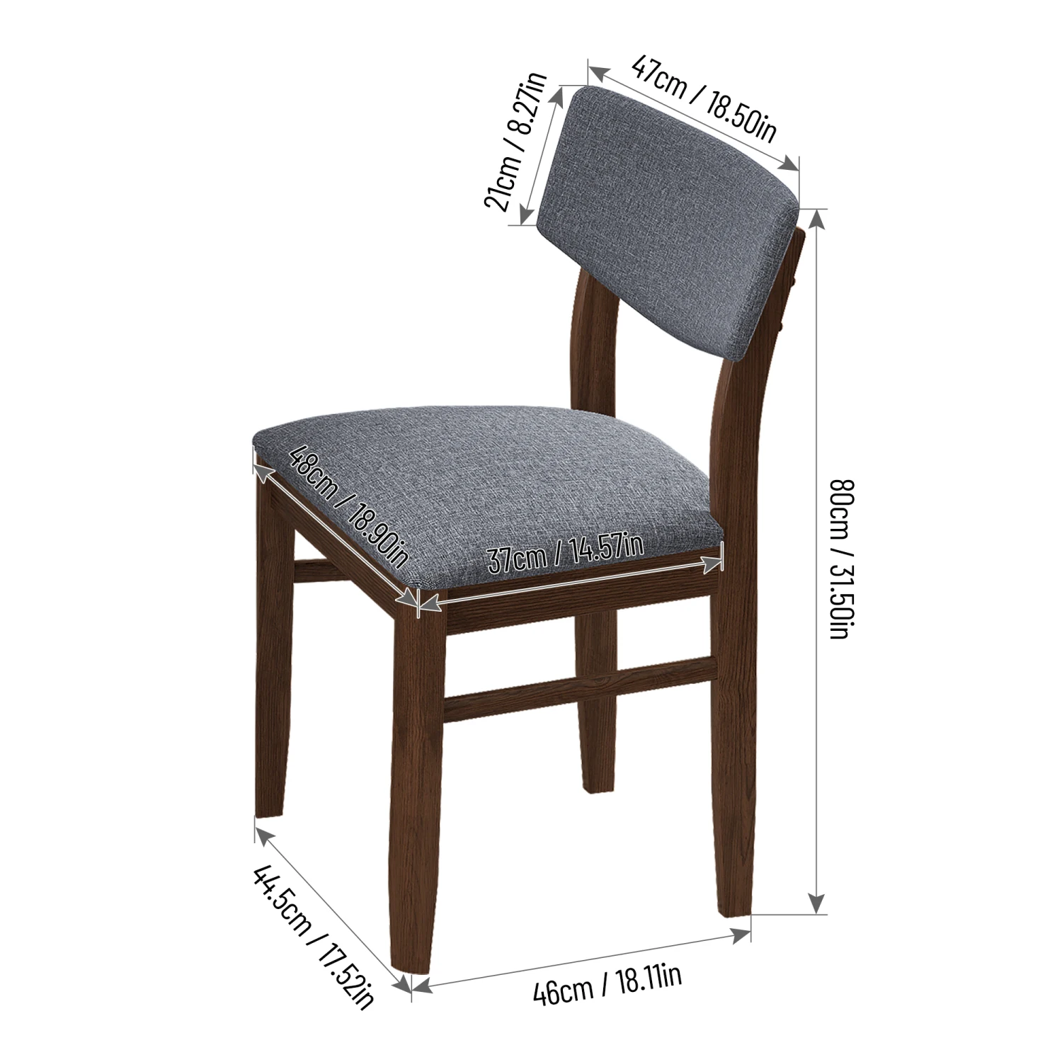 2 PCS Dining Chairs Fabric Cushion Retro Upholstered Chairs Solid Rubber Wood for Kitchen Dining Room Small Space Grey Walnut Co