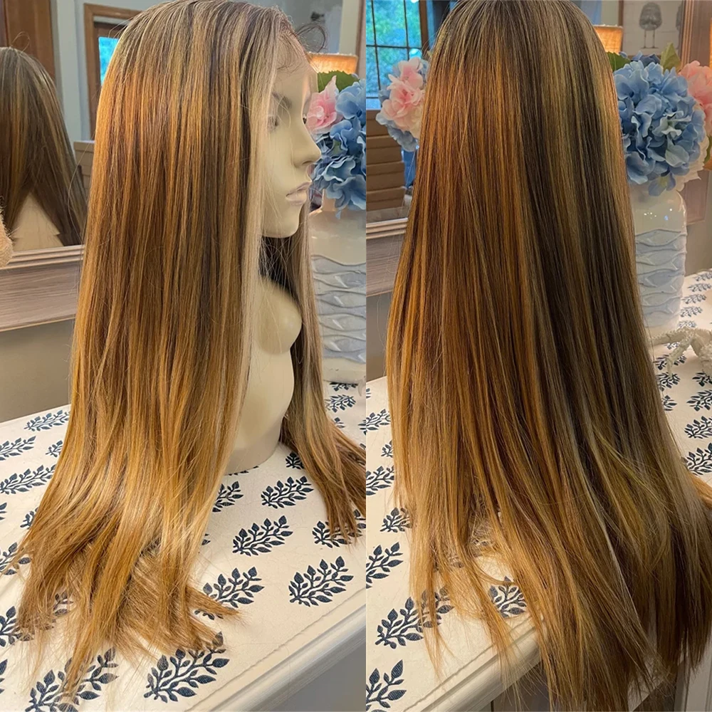 

Прямой парик Honey Golden Highlights с низкой плотностью волос, на кружевной основе, термостойкий, HD-кружево, для женщин, для вечеринок и косплея