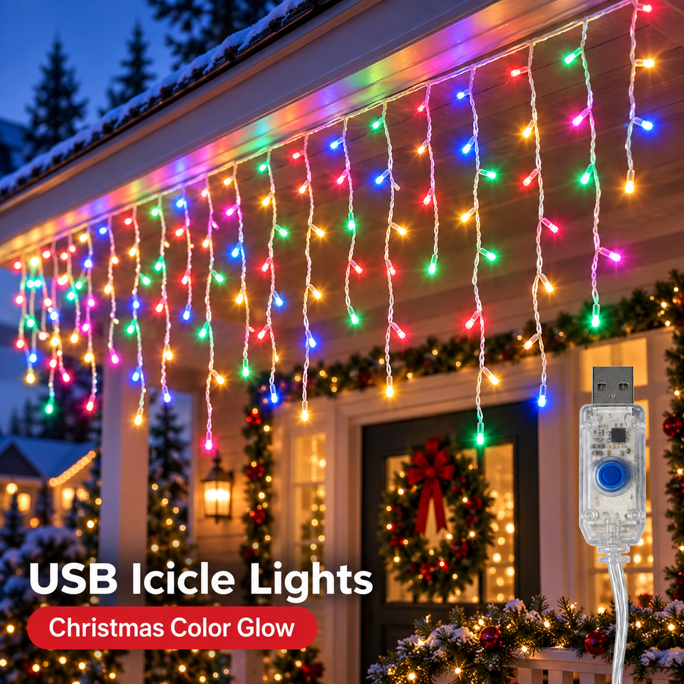 Christmas Icicle Lights USB Cascading String Lights 100LED/200LED 8 Modes for Roof Eaves Window Porch Balcony Party