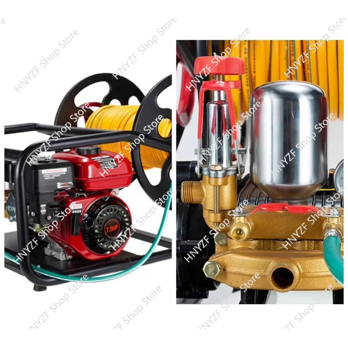 High-pressure agricultural sprayer with automatic hose reel, featuring a 50-meter or 100-meter hose, and a high-powered four-str