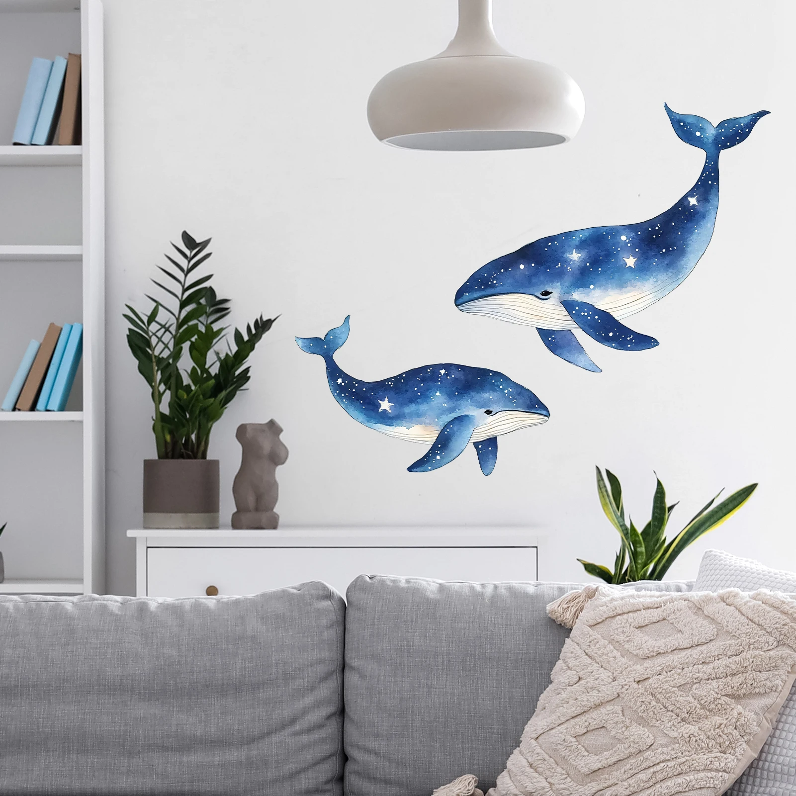 Watercolor Whale Wall Decal, Blue Whales with Starry Night Sky & Star Details Vinyl Wall Sticker for Home Decor