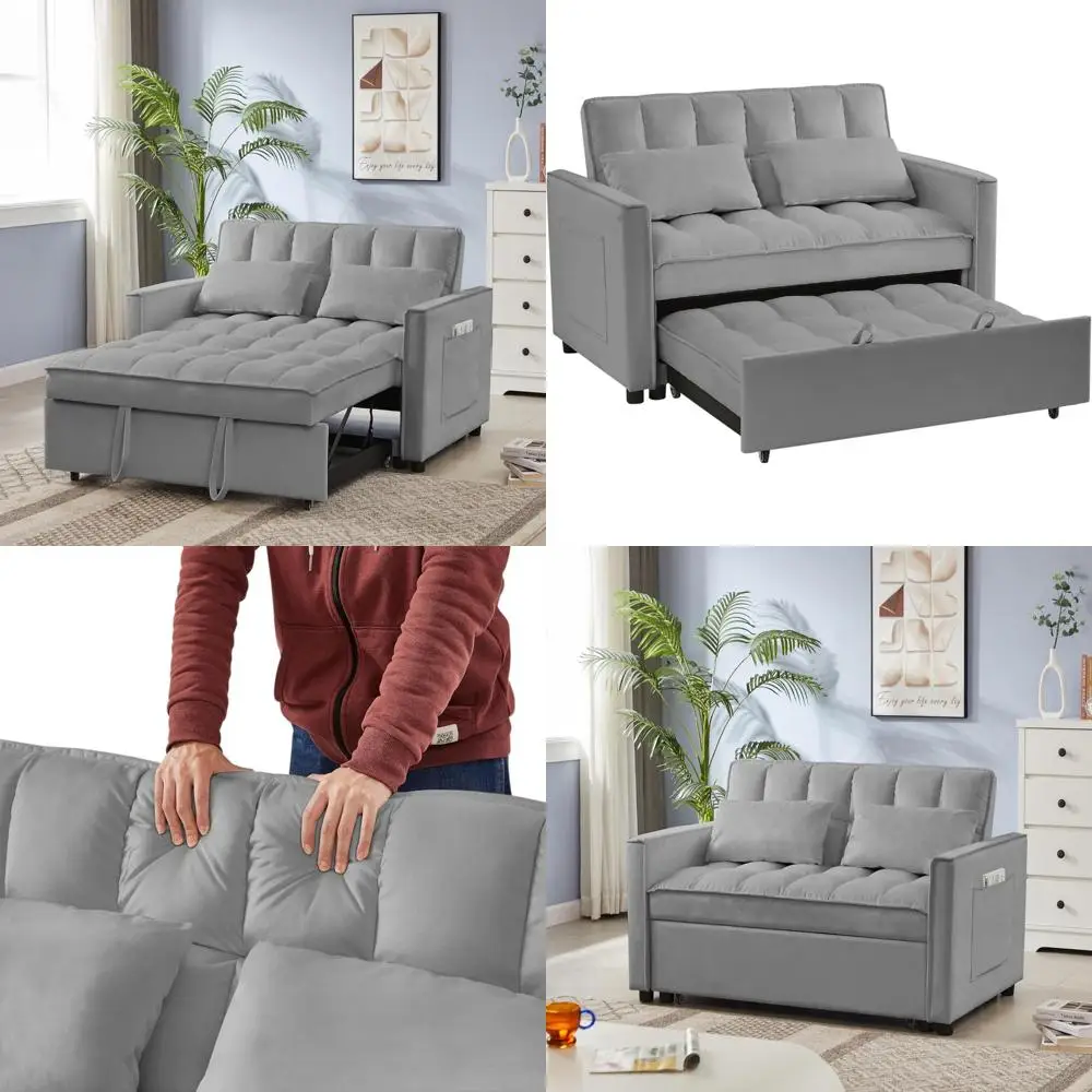 Convertible Sleeper Sofa Bed 53 - Adjustable Backrest, Recliner, 2 Pillows, Side Storage Pockets, Stylish Functional Living Room