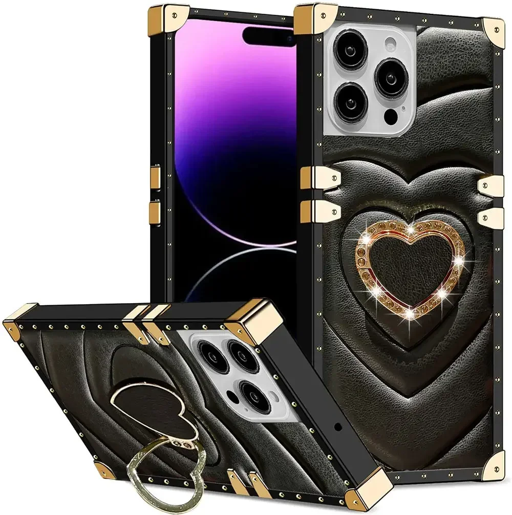 Square Plating Leather Case For iPhone 15 14 Plus 13 11 12 11Pro Max XR Fashion Bling 3D Love Heart Ring Holder Shockproof Cover