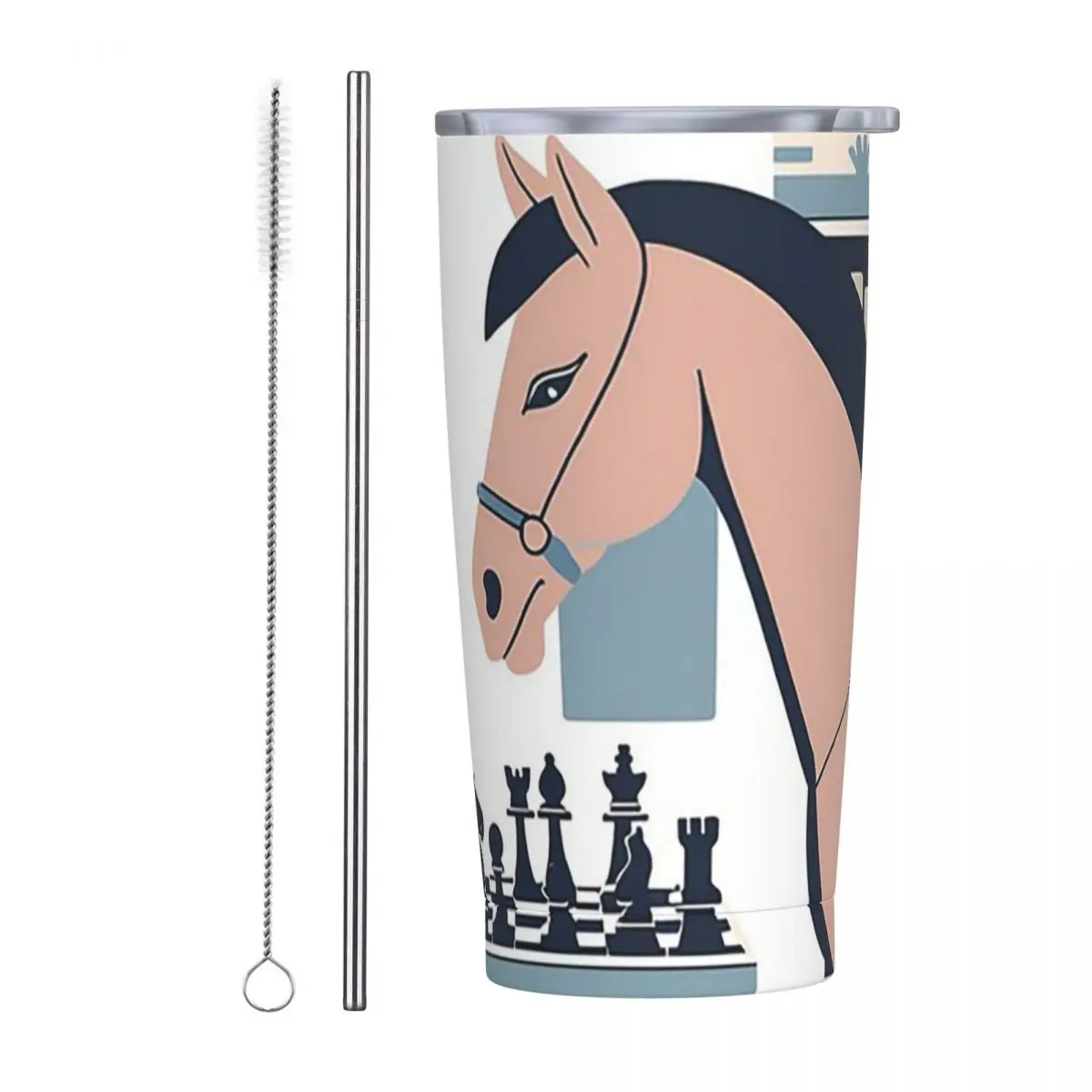 Chess & Horse Stainless Steel Tumbler Vacuum Insulated Mug Thermal Cold Cup Straw With Lid 20oz