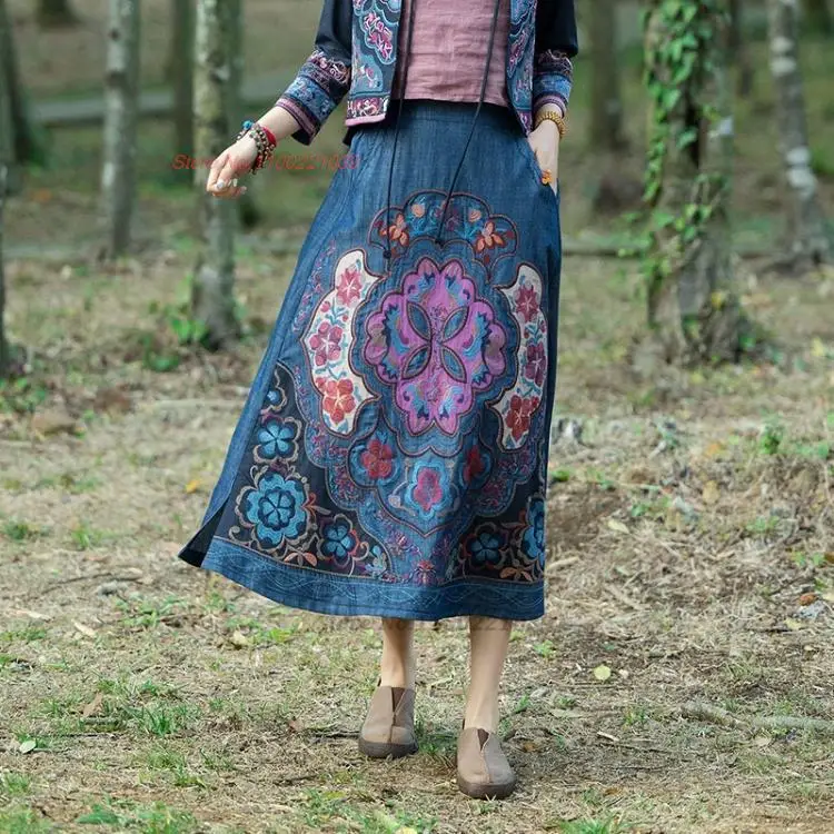 2024 chinese vintage long skirt national flower embroidery denim pocket skirt elastic waist ethnic harajuku folk a-line skirt