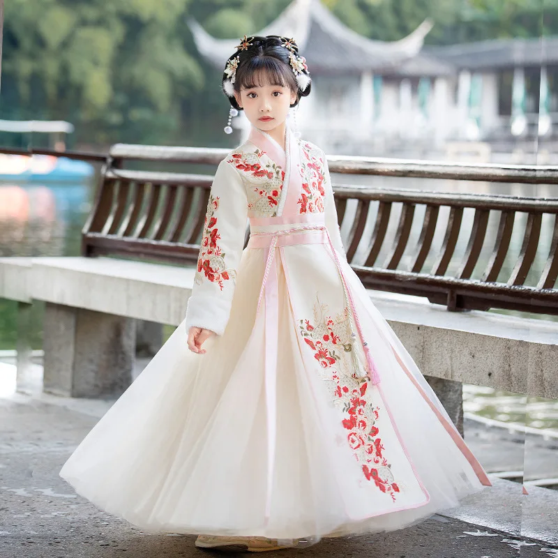 Girls' Hanfu Children's Warm Tang Suit Kids Winter Plus Velvet Embroidery Party Dress With Cloak Chinese New Year's Clothing