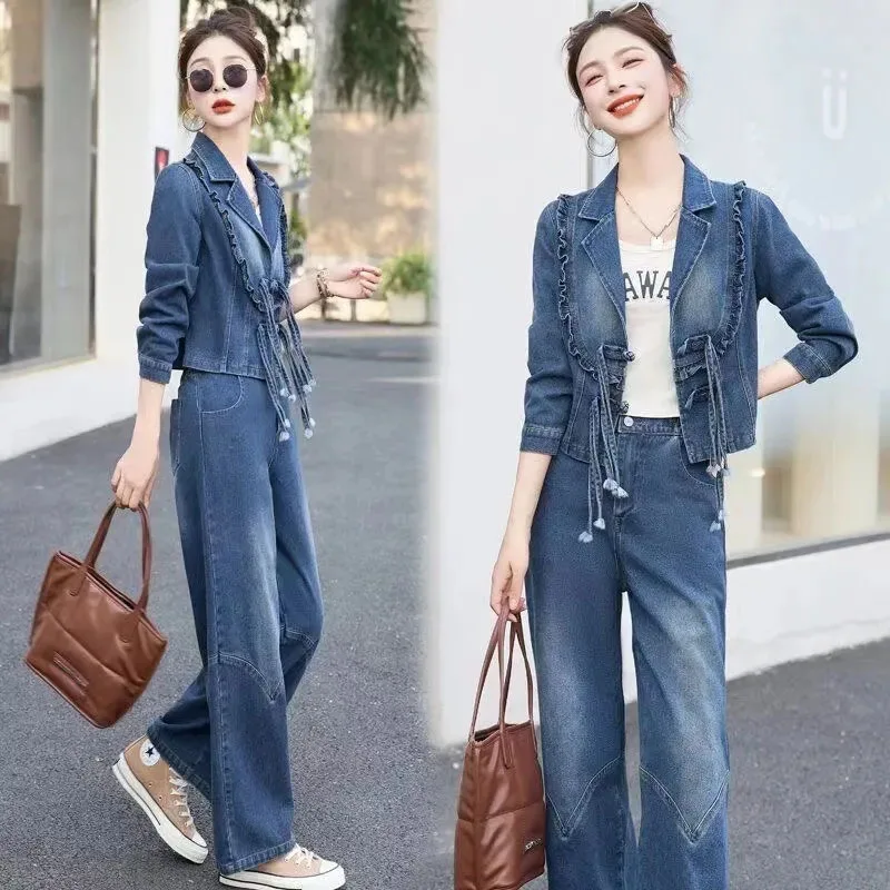 New Fashion damski jeansowe spodnie z szerokimi nogawkami garnitur jesienne casualowe krótka kurtka dżinsowa jeansy dwa wieloczęściowe kombinezony