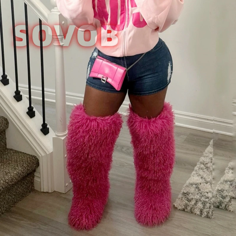

Women Winter Warm Long Boots Mongolian Fluffy Plush Snow Boots Faux Fur Round Toe Flat Heels Pull on Over The Knee Boots Big 45