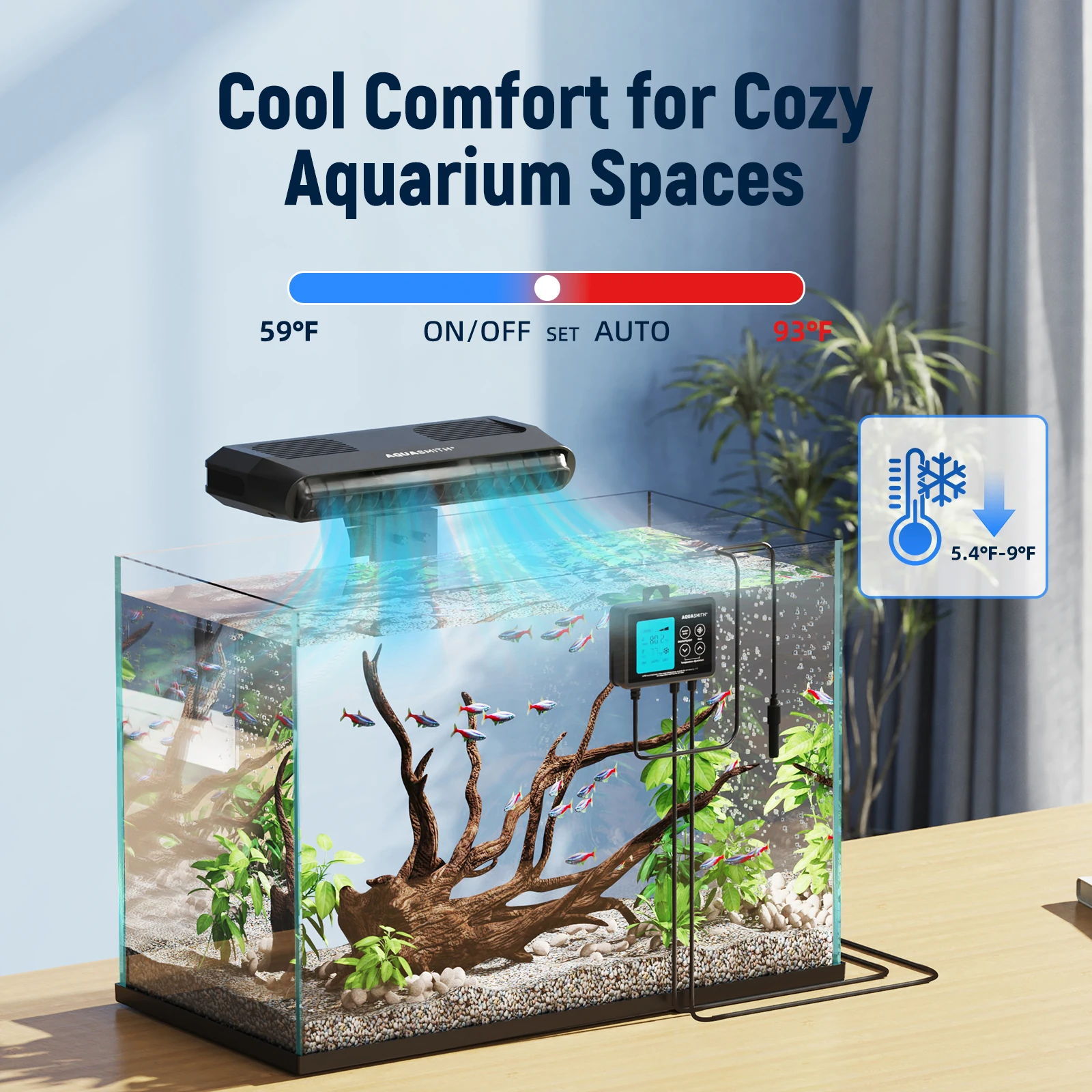 AQUASMITH Aquarium Chiller Fan,Fish Tank Cooler with Temperature Control,Minimum Setting 59℉,Auto Start/Stop,Refrigeration Effect 3-7℉,3-Speed Modes,for Axolotl Seawater Freshwater Coral Grass Tank