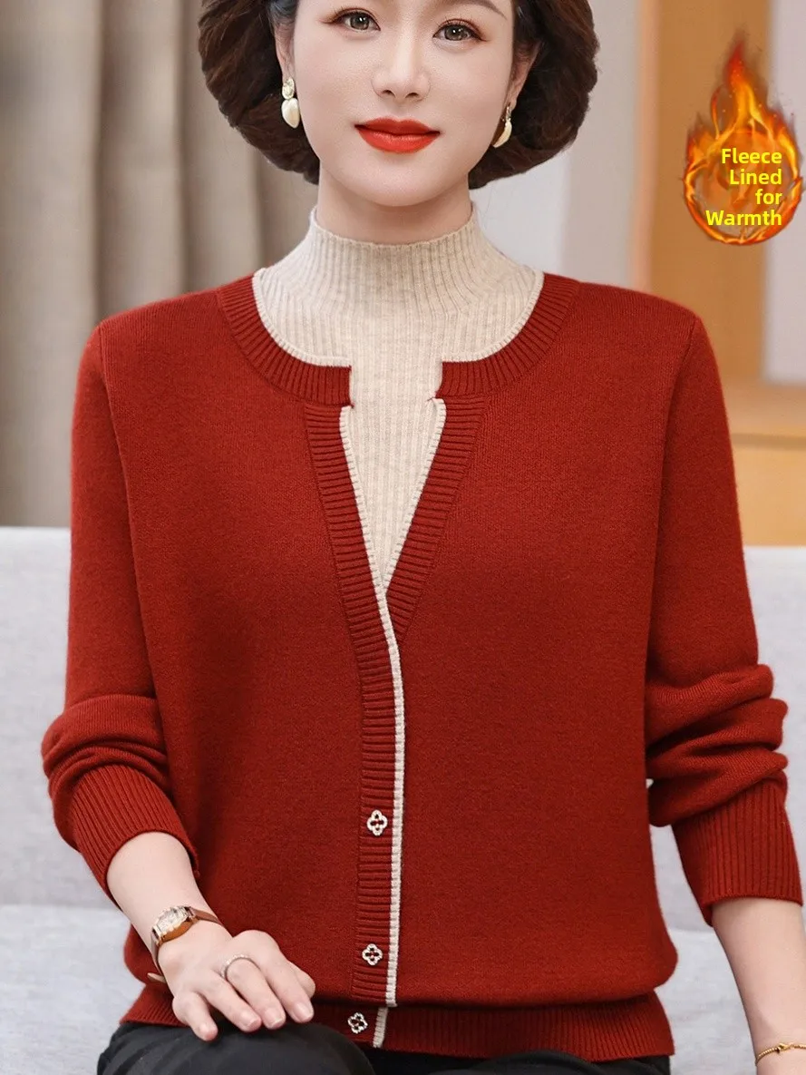 

Faionable Fce Lined Knitted Thiened Hoodie for Women Mid-Aged And ly Warm Top Button Design Loose Fit Pure Color