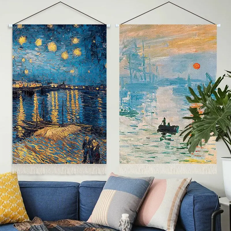 VIKAMA Starry Night Tapestry Classic Impressionist Oil Painting Art Wall Hanging Living Room Bedroom Home Decor