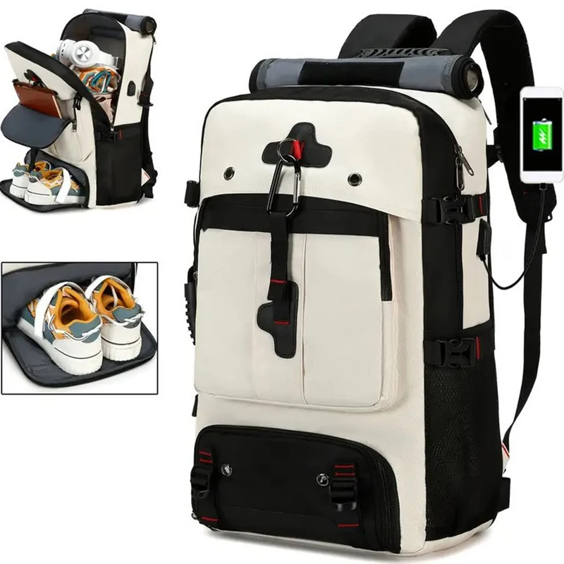 

High-End Travel Backpack 55L Large Capacity Lightweight Black Men's Women's Bag with Shoe Compartment USB Charging Multifunction
