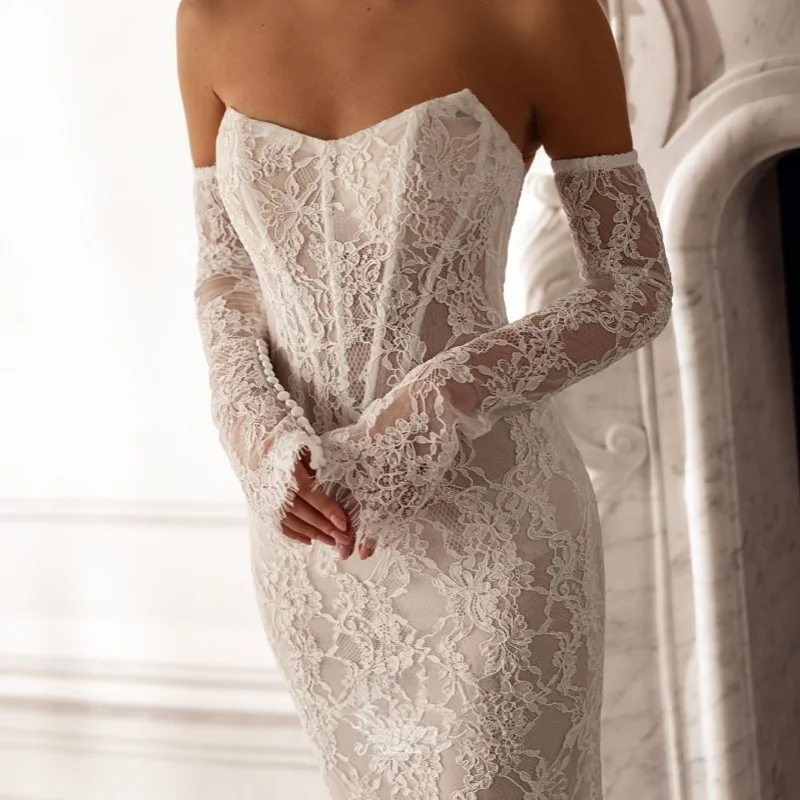 

Lace White Appliques Wedding Dresses off-shoulder fishtail decal long sleeves Bridal Gowns Made Customized