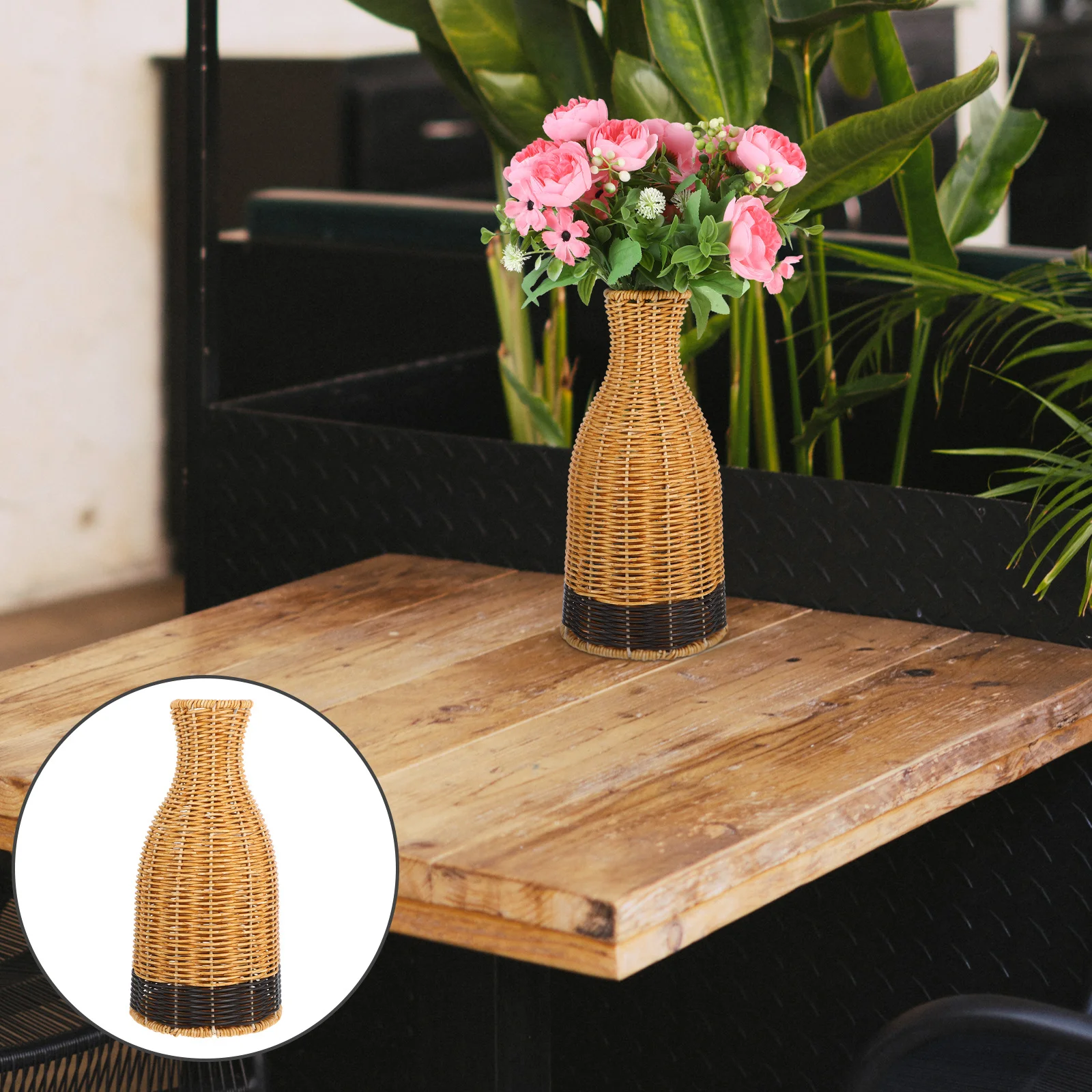 

Plastic Rattan Rustic Flower Vase Woven Basket Decorative Vase for Living Room Desktop Flower Arrangement Rustic Vases