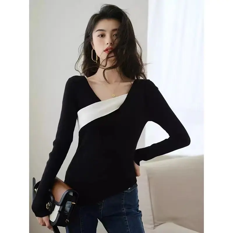 Autumn Winter V-neck Long Sleeve Women\'s Clothing Pullovers Patchwork Color Blocking French Style Knitting Bottoming Shirt Tops