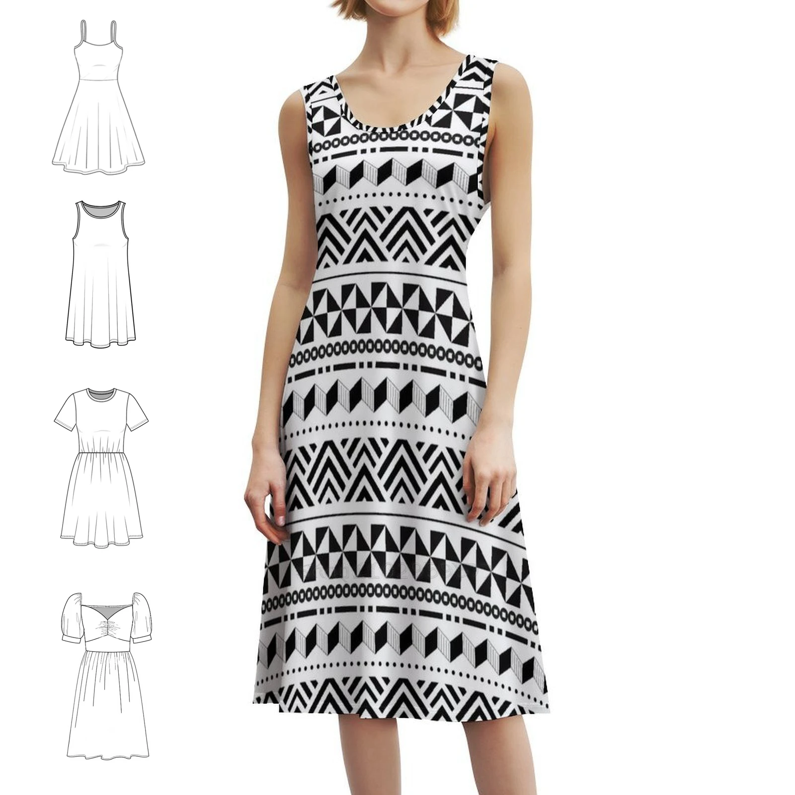 

Black And White Tribal Pattern Preppy Style Mini Dress For Women A-Line Loose Fit Casual Day Dress Tribal Geometric