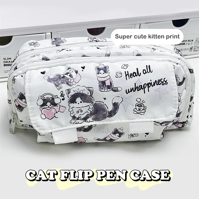 Cute Kitten Pencil Case Large Capacity Pencil Bag Multi-layer Storage Stationery Box Pencil Organizer Pouch Travel Cosmetic Bag
