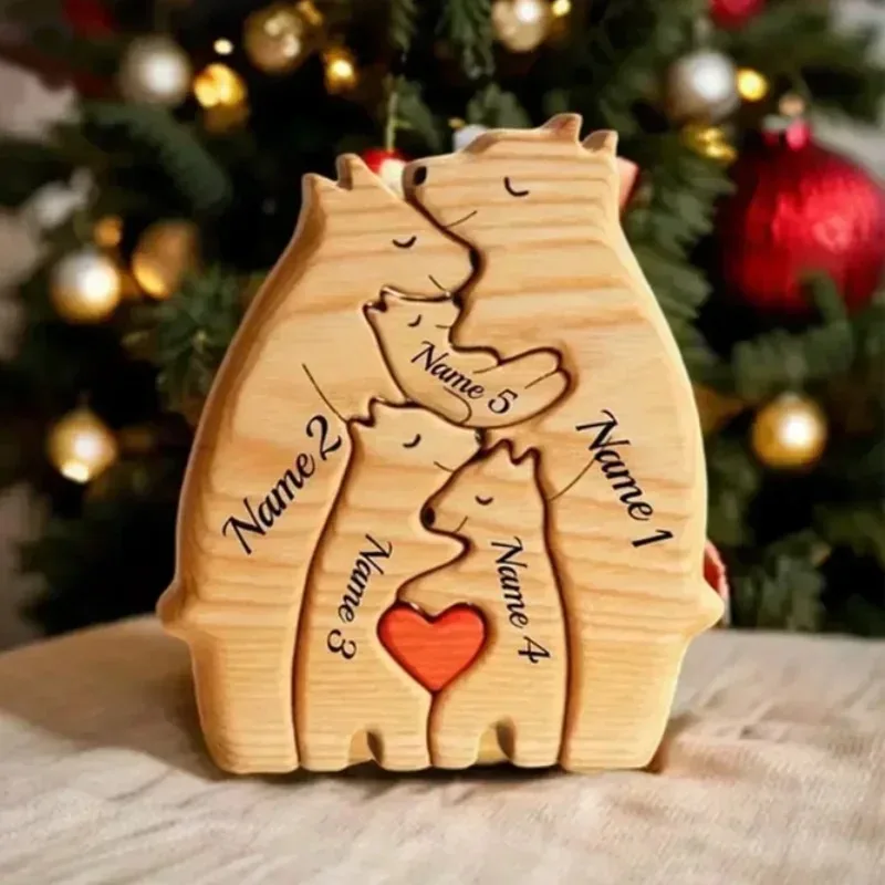 Home Decor Thanksgiving Christmas Art Wooden Bear Family Puzzle Personalized Name Custom Heartwarming Art Gift for Baby Mom