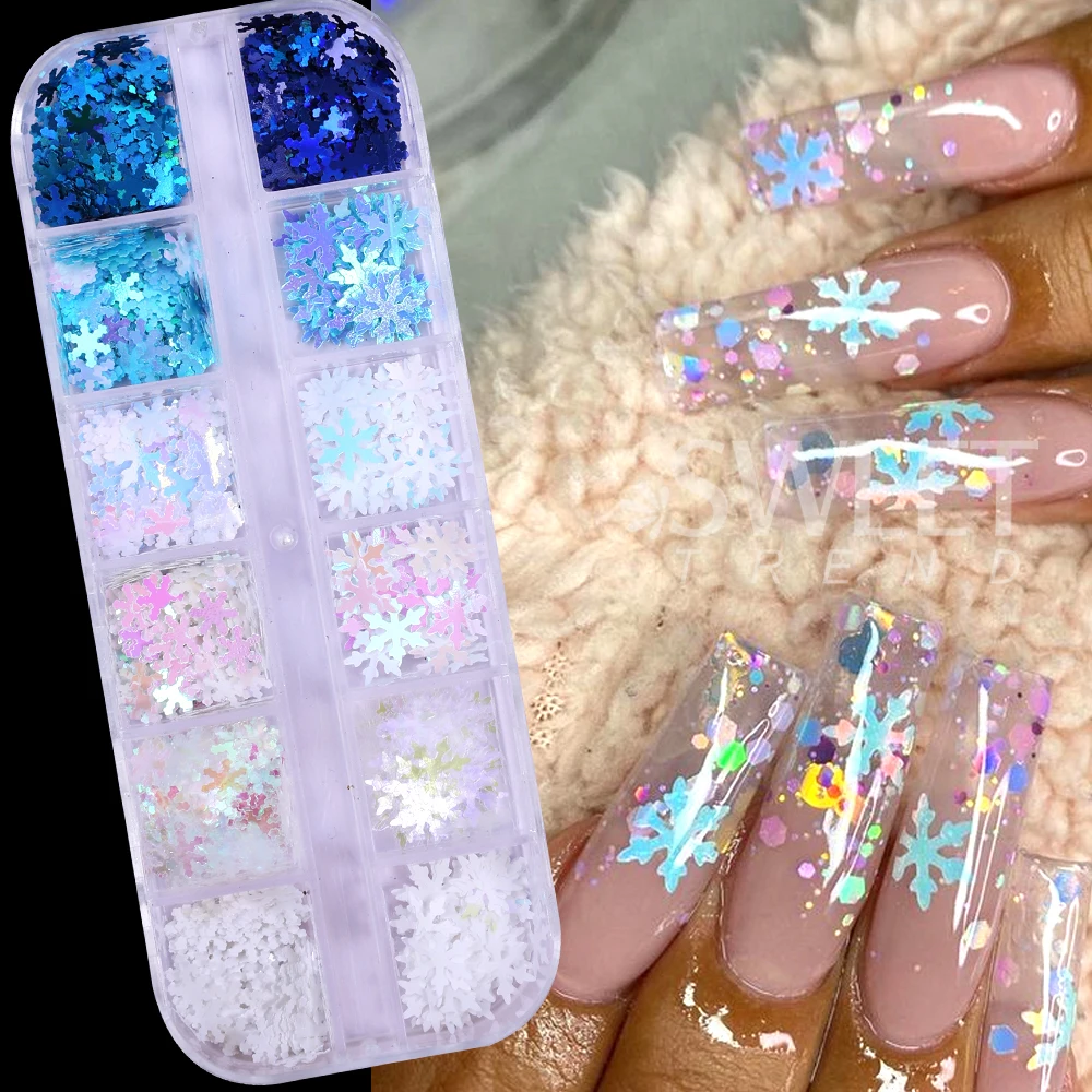 2 صناديق ندفة الثلج مسمار بريق الترتر المجسم الذهب الفضة Paillette رقائق مستديرة البولكا نقطة تصميم عيد الميلاد مانيكير ديكور