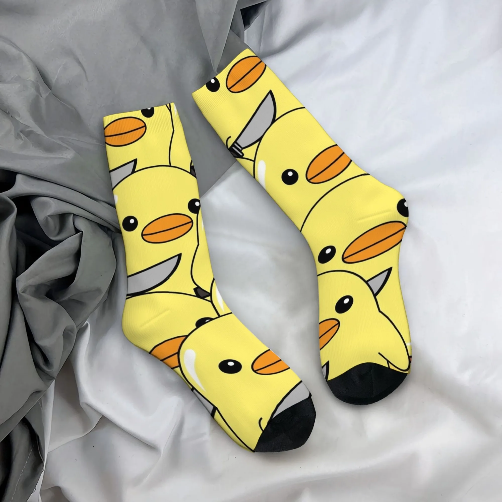Novelty Yellow Duck Knife Print Full-Body Duck Socks Mid-Calf Length with Cute Duckies for Sports Outdoor & Casual Wear Fun Gift