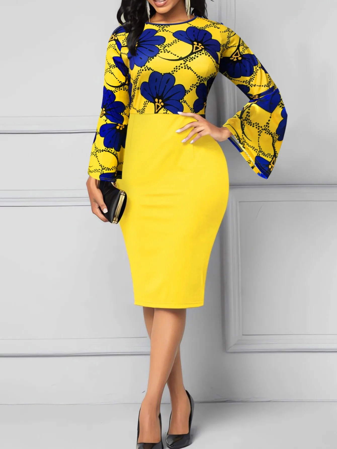 LW Plus Size elegant dresses Floral Print Flared Bodycon Dress long sleeve round neck midi dress for evening party office