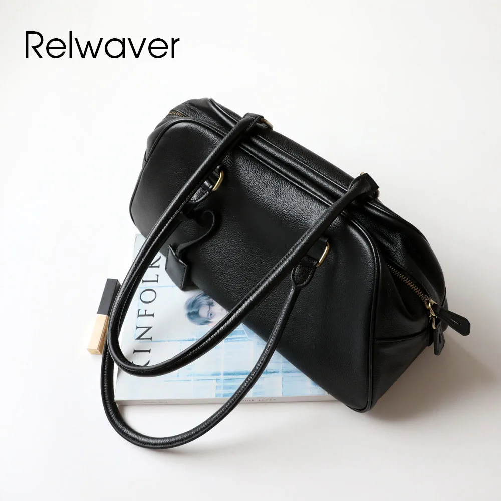 Relwaver women tote bag genuine leather handbags 2024 winter big capacity bowling bag vintage style women shoulder bag