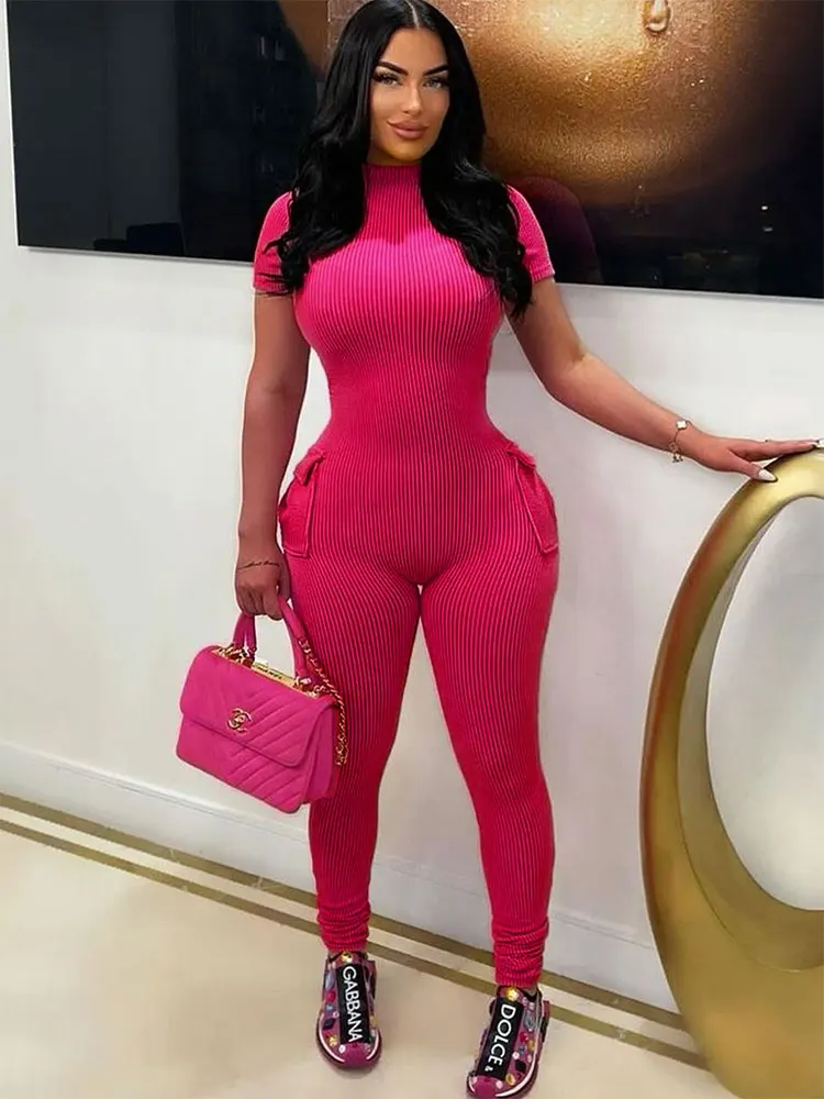 New Women\'s Jumpsuits Sexy Sweet Pink Hollow Out Jumpsuit Streetwear Fashion Pockets Short Sleeve Lady Elegant Rompers Clothing