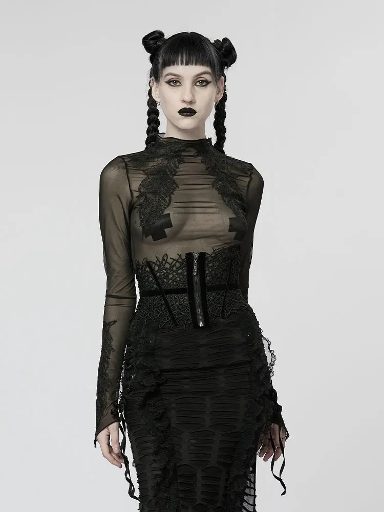 

Goth Feather Sticker Base Shirt Women's Sexy Mesh Long Sleeve T-Shirt See-through Top Slimming Inner Wear Summer Street Style