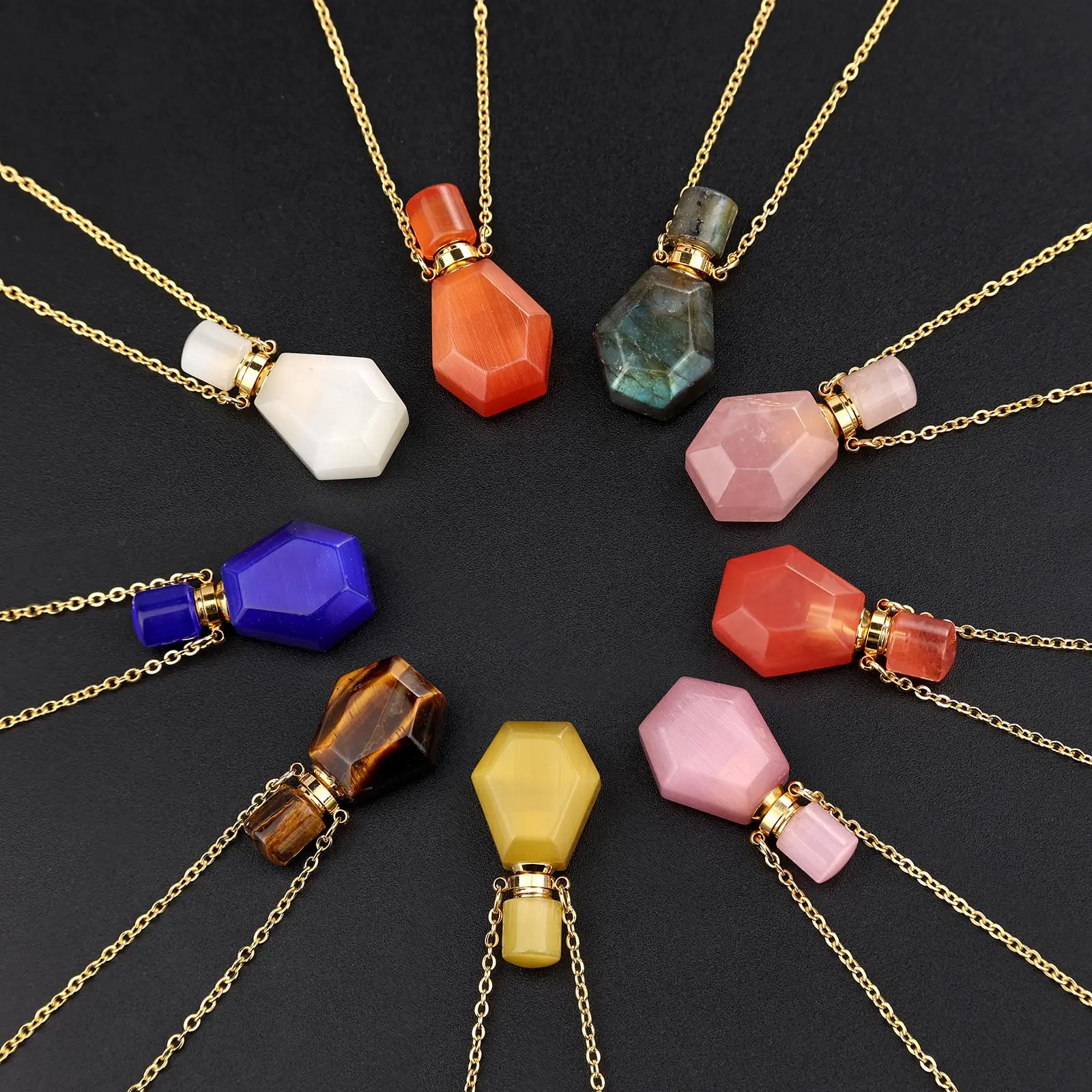 Natural Stone Perfume Bottle Necklace Women Men Healing Crystal Quartz Essential Oil Diffuser Pendant Vial Jewelry Multicolor