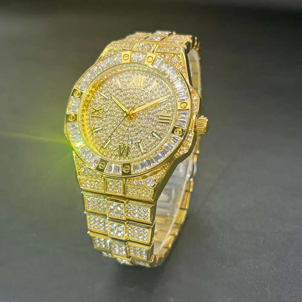 

Роскошные брендовые часы с бриллиантами для мужчин, модные восточные золотые оригинальные кварцевые часы в стиле хип-хоп Iced Out Bling Bling Clock Dropshopping