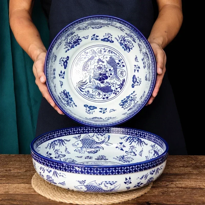 Cuenco de porcelana azul y blanca, vajilla de cerámica, cuenco de sopa grande comercial, cuenco chino antiguo encurtido para el