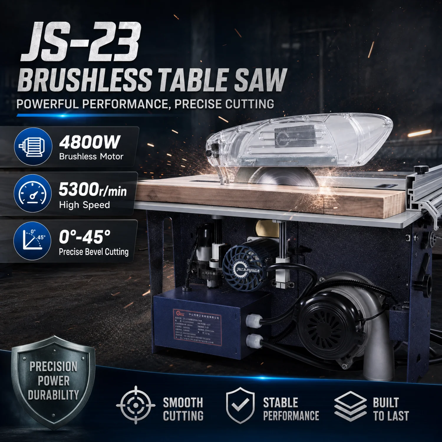JZY 4800W JS-23 Brushless Table Saw 0-45° Precise Bevel Cut Hidden Spiral Motor Dust Free Wood Cutting Table Saw