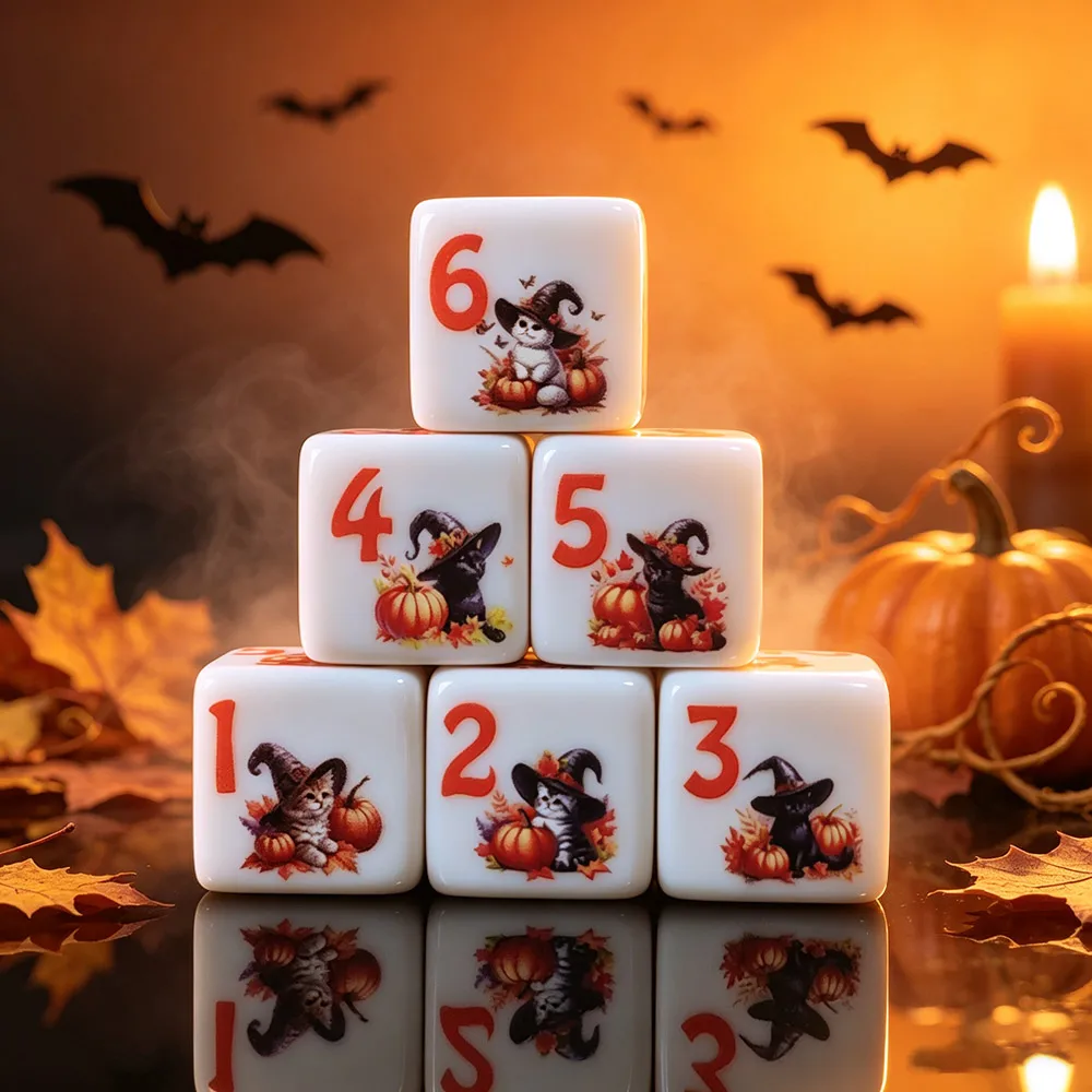 12 Stück 16MM D6 Bedruckte Acryl-Halloween-Würfel mit Hexe, Katze, Kürbis, 1-6-seitige Würfel für Tabletop-RPG, Desktop-Dekoration, Feiertagsparty-Würfel
