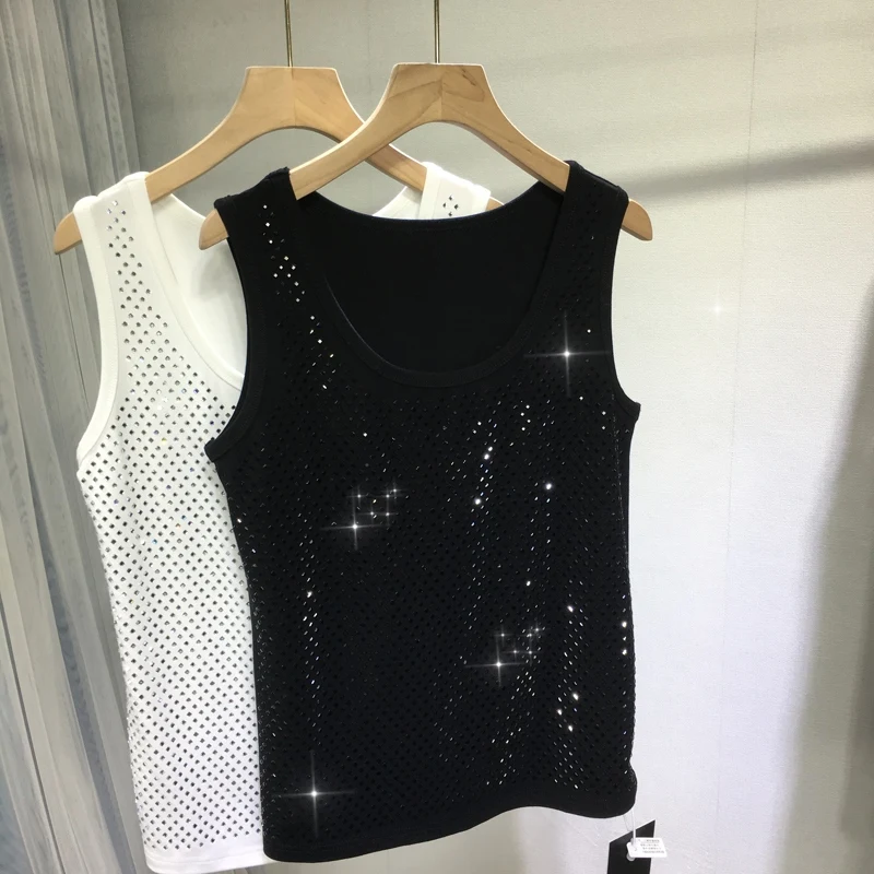 

Babysbreath Shiny Hot Drilling Female Camisole New Spring Summer Sleeveless Bottom T-shirt All-match Cotton Tanks Top M-XXXXL