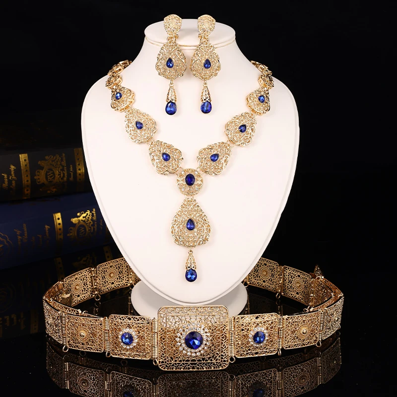 

Марокканский модный пояс для невесты, ожерелье, серьги, комплект регулируемой длины с вырезом, резной арабский женский свадебный пояс, ожерелье, серьги, комплект