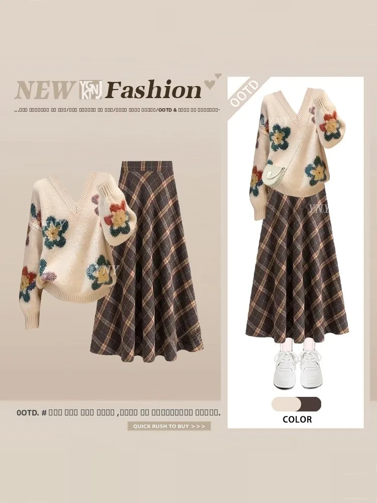 

Elegant V-neck Knitted Sweater And Plaid Skirt Set Women's Autumn Winter Fashion Loose Style Floral Embroidery Outfit