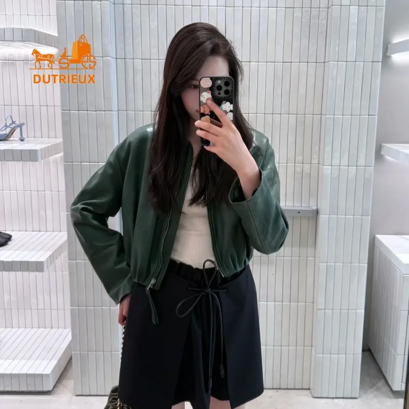 Winter Retro Fashionable Leather Jacket with Soft and Delicate Back Pleated Design,100% Sheepskin Heavy Leather Jacket for Women