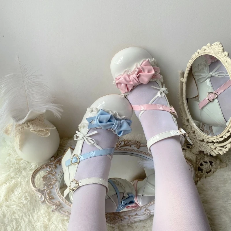 Japanese Cute Lolita Style Middle Heel Shoes Women Sweet Ruffles Bow Metal Button Mary Jane Shoes Kwaii Y2k Birthday Party Shoes