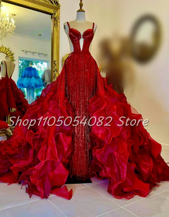 Luxury Red Wedding Gown Detachable Ruffled Train Sensual Beaded Formal Dress Elegant Party Wedding Guest Attire Customizd