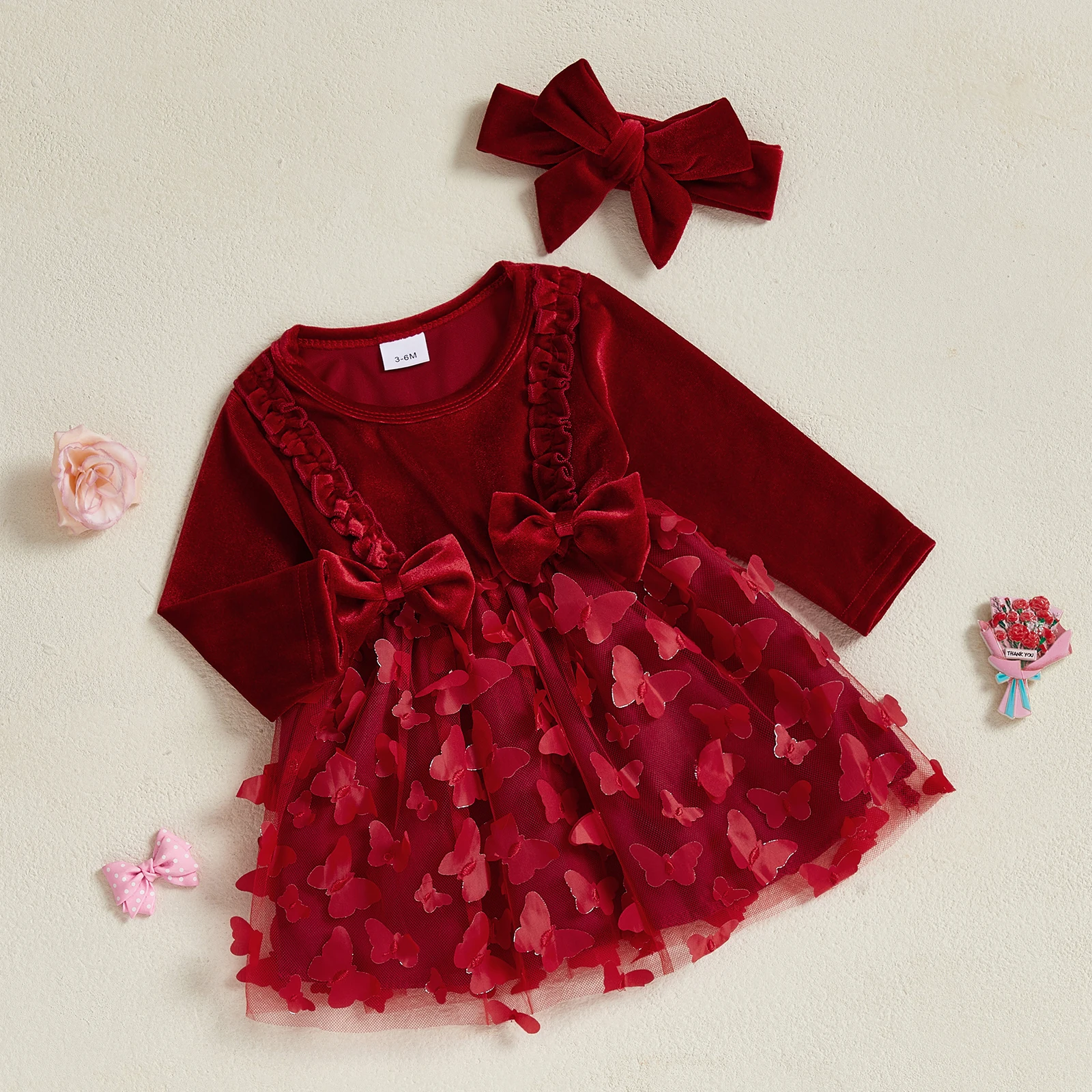 Baby Girls Velvet Princess Party Dress Fashionable Round Neck Butterfly Long Sleeve Red Dresses with Headband