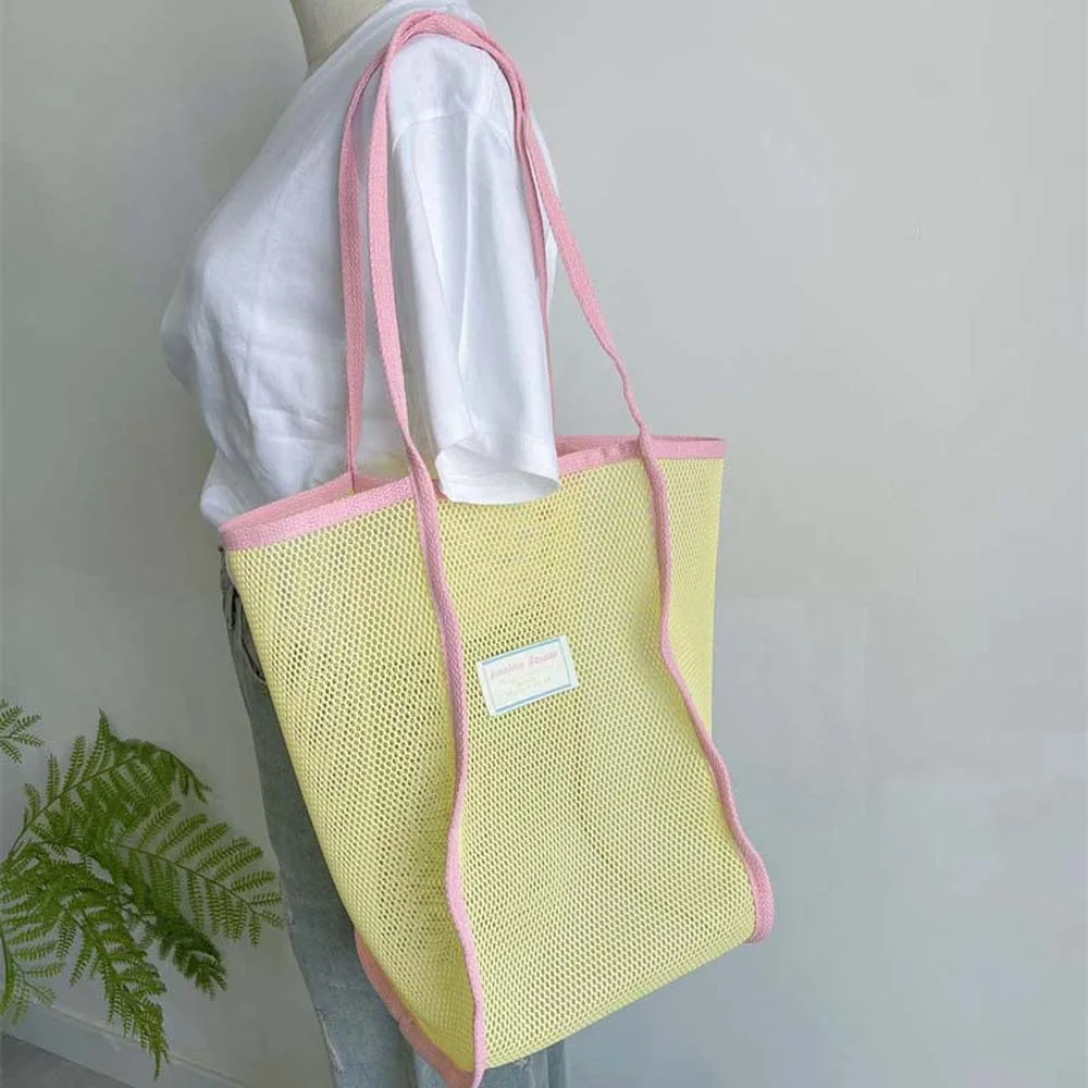 

Breathable Mesh Tote Bag Fluorescence Color Large Capycity Beach Grid Handbag Transparent Nylon Hollow Out Shoulder Pouch