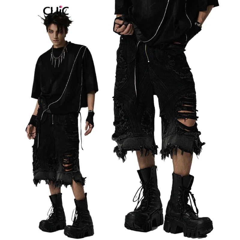 Pantalones Bermuda de Mezclilla Desgastados para Hombre, Estilo Vintage con Parches, Agujeros y Pierna Ancha, Pantalones Cortos Cargo, Ropa Urbana Alternativa Harajuku